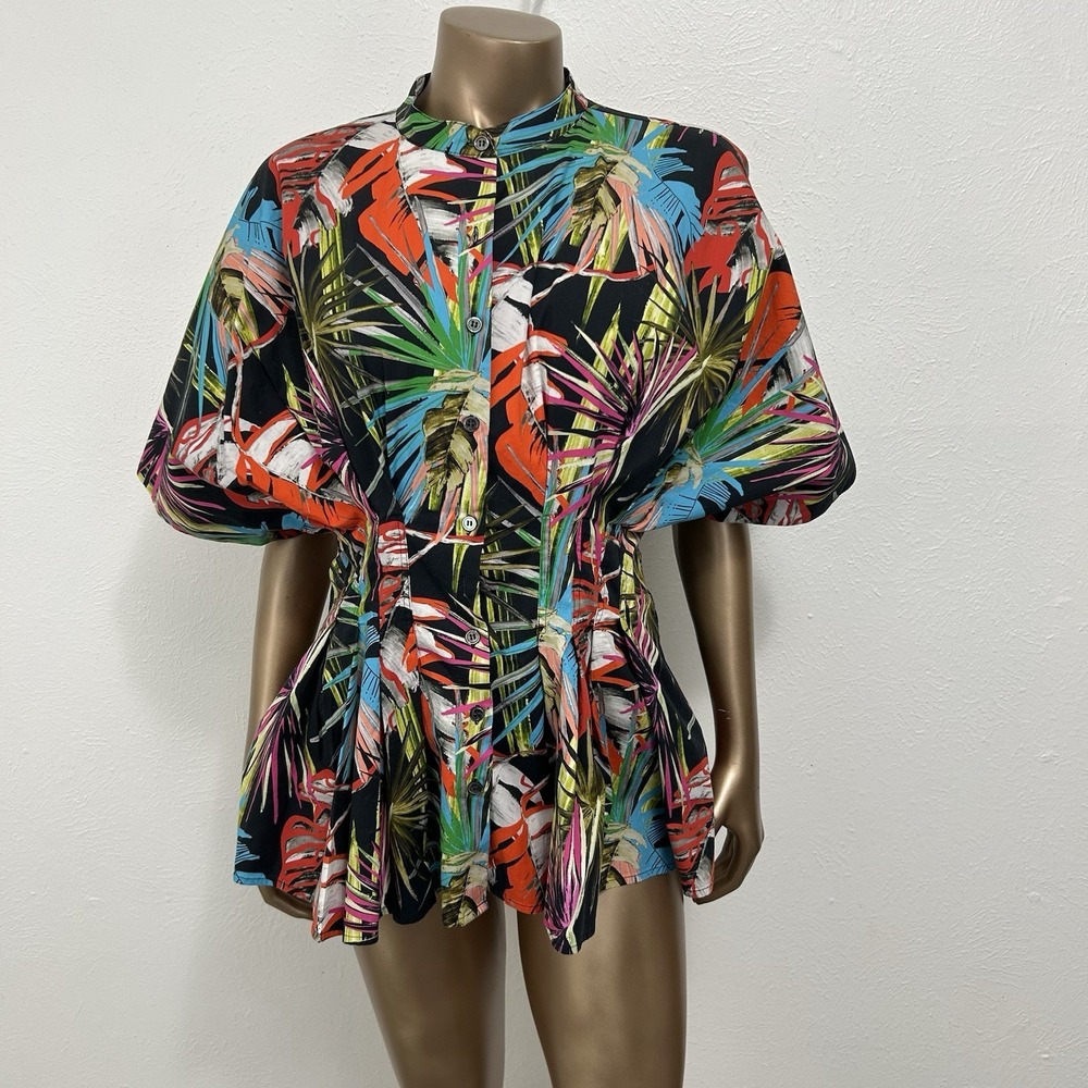 Natori El Nido Tropical Print Poplin Mandarin Pleated Waist Top‎ Button Up Sz 10